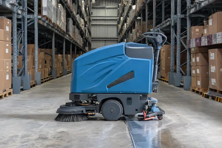 Walk-behind floor scrubber on a narrow aisle