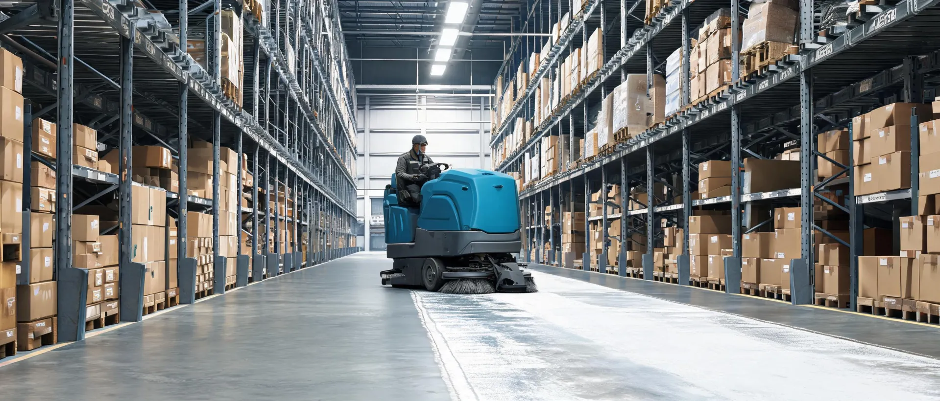 Minuteman ride-on floor scrubber working a distribution center route