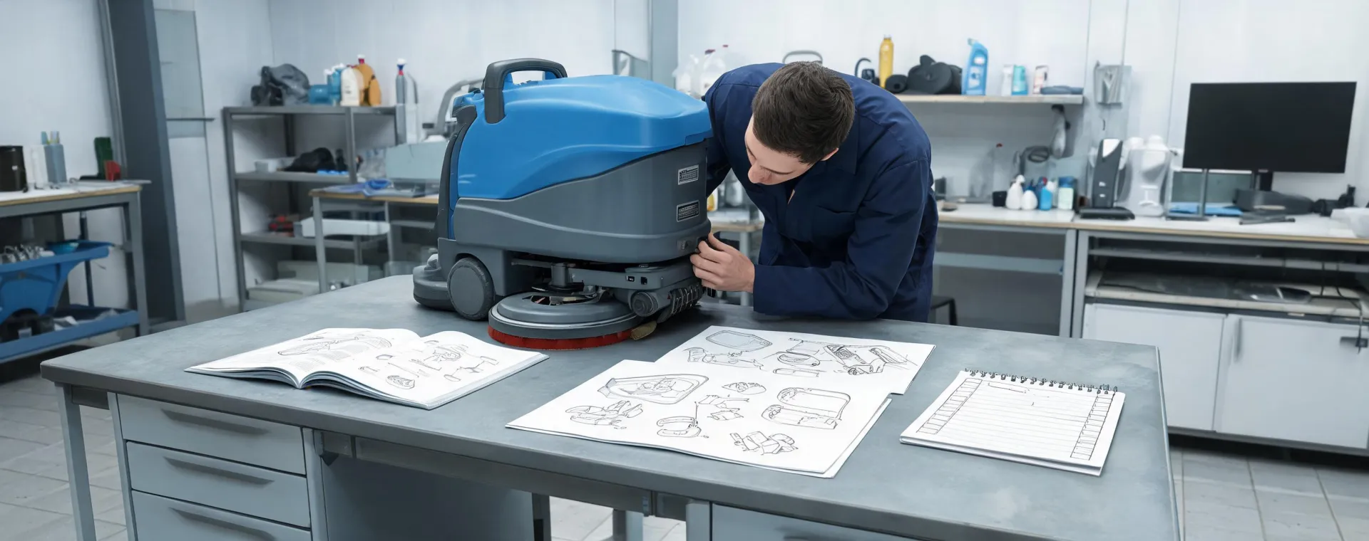 Technician reviewing Minuteman floor scrubber documentation